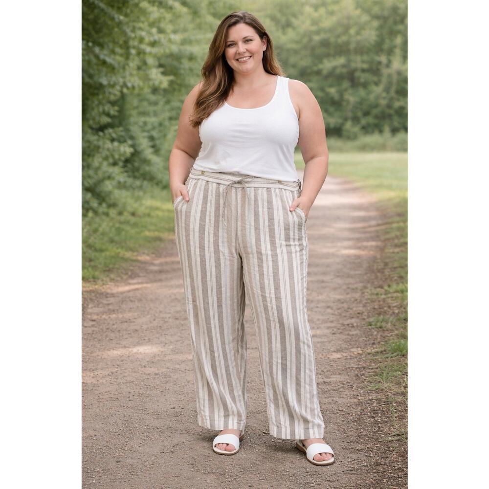 Charter Club Pull On Linen Striped Beige Wide Leg Pants Womens XXL Beach Coastal